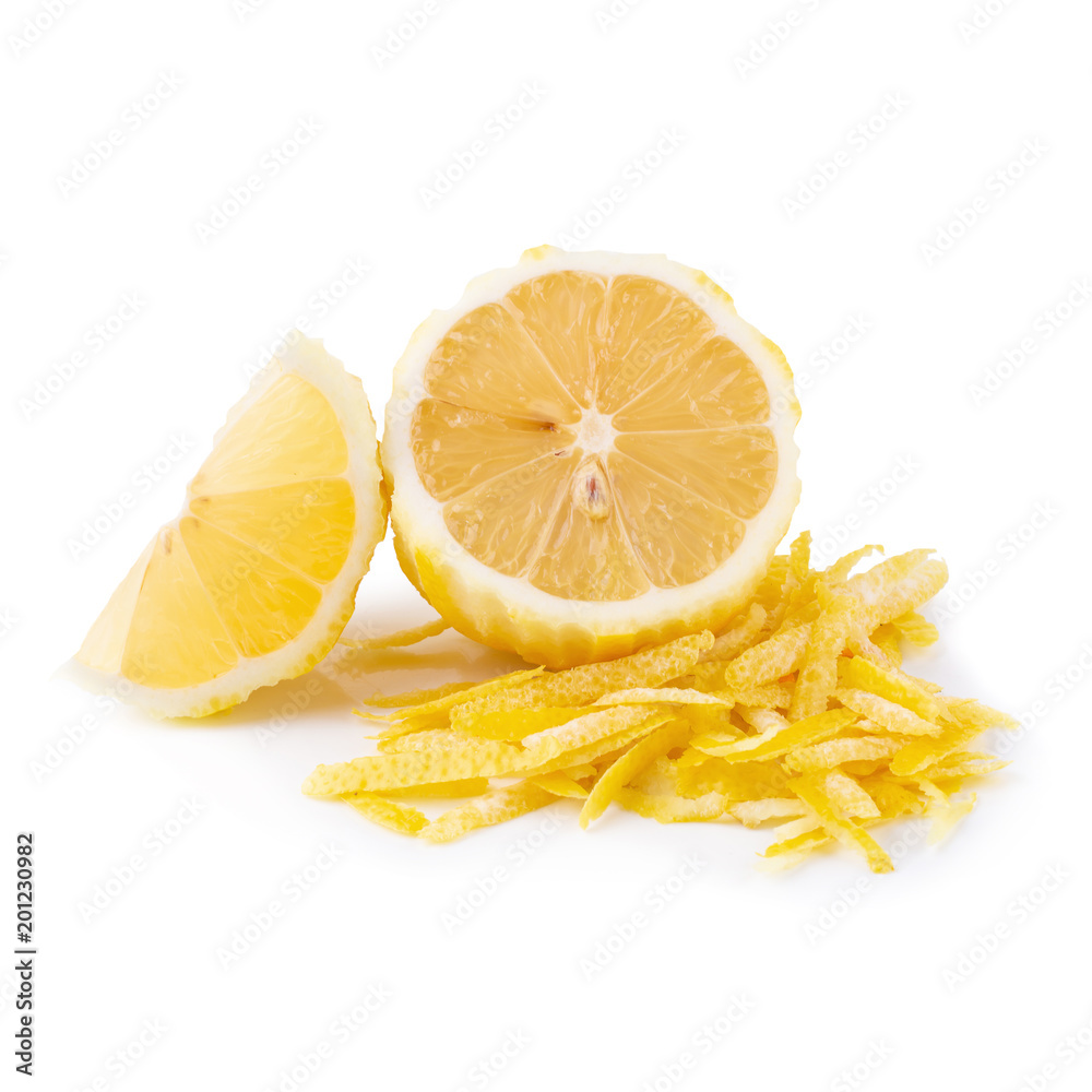 Lemon skin and lemon fruit on isolated white background. Lemon skin and lemon fruit on isolated white background.