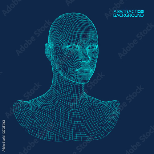 Ai digital brain. Artificial intelligence concept. Human head in robot digital computer interpretation. Wireframe head concept.