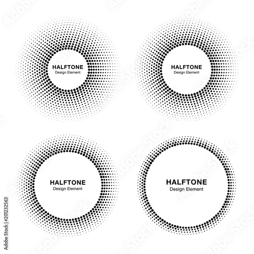 Set of black abstract halftone vector circle frames, logo emblem design element for medical, treatment, cosmetic. Round border Icon using halftone circle dots vector texture. Vector illustration