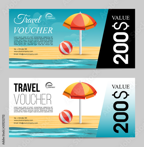 Summer travel voucher with beach umbrella and sea