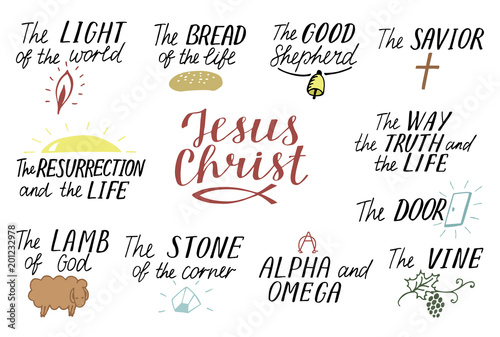 Set of 11 Hand lettering christian quotes about Jesus Christ. Savior. Door. Good Shepherd. Way, truth, life. Alpha and Omega. Lamb of God. The vine. Light of world. Resurrection.