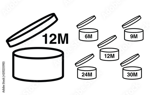 Period after opening PAO symbol. Useful lifetime of cosmetics after package is opened sign. Black drawing icon of pot with number of months representing best before date.