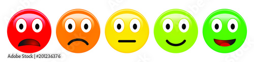Feedback rating scale of red, orange, yellow and green emoticons, 3d Smiley icons in different colours.