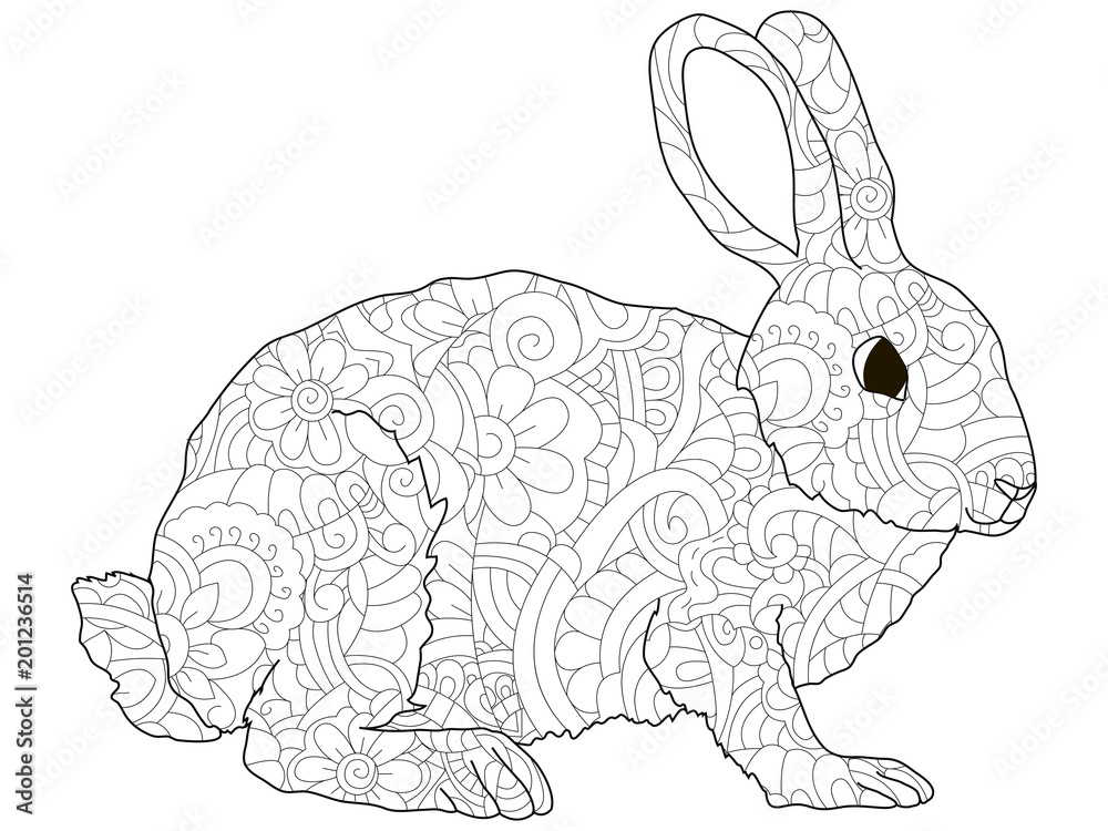 Fototapeta premium Adult antistress coloring rabbit, hare, animal pattern, astrakhan. Illustration of black lines doodle, white background