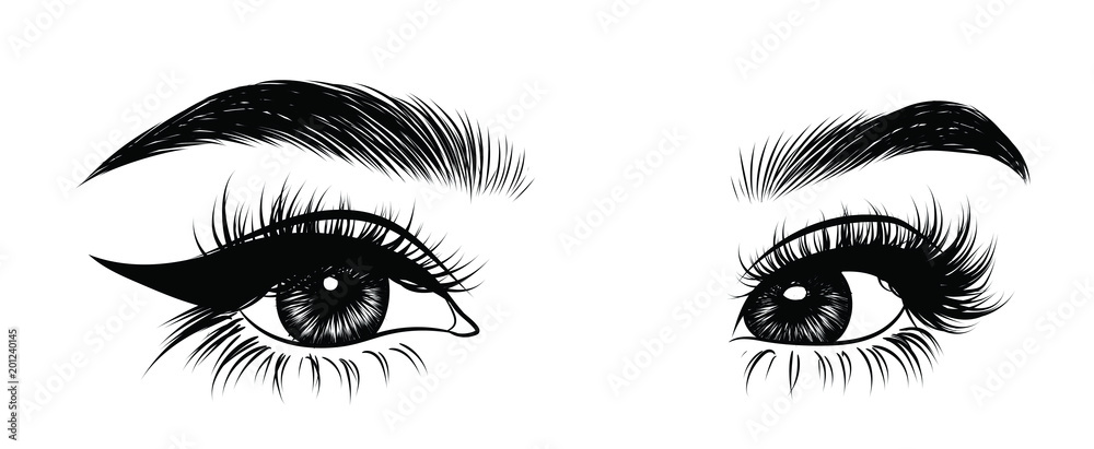 Hand-drawn woman's sexy luxurious eye with perfectly shaped eyebrows and full lashes. Idea for business visit card, typography vector. Perfect salon look.