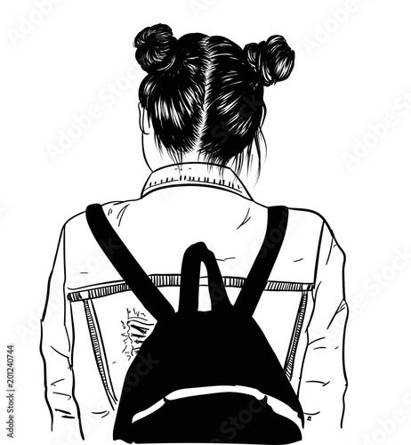 illustration of beauty girl with fashionable backpack and double dark buns. Perfect salon look.Trendy poster for textile, fabric, web, wallpaper, poster, home design, office design.