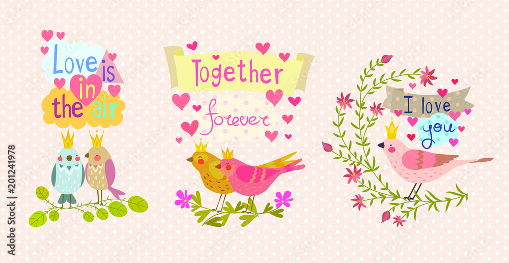 A cute illustration with birds is made in a bright decorative style, a beautiful print for your product