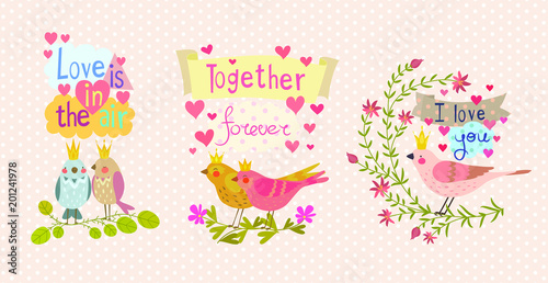 A cute illustration with birds is made in a bright decorative style, a beautiful print for your product