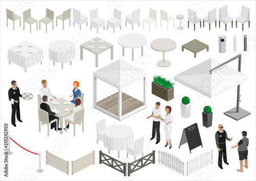 The set of isometry scheme of the restaurant. Sets of furniture and people. Architectural project. Vector graphics