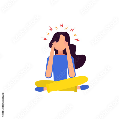 Woman having headache, pressing hand to her forehead