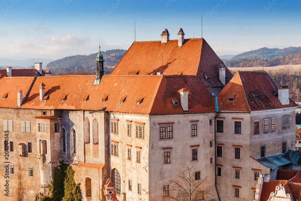 Obraz premium Beautiful panoramic view of the splendid architecture of Cesky Krumlov town in Czech republic