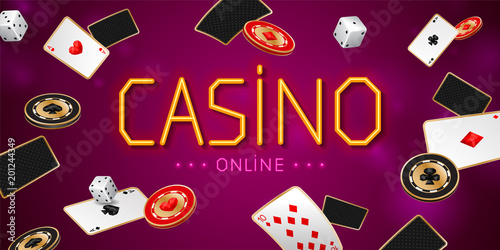 Casino online banner with aces playing cards, chips and dices on purple background. Winning poker hand
