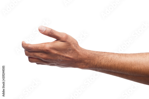 Black hand holding virtual object isolated