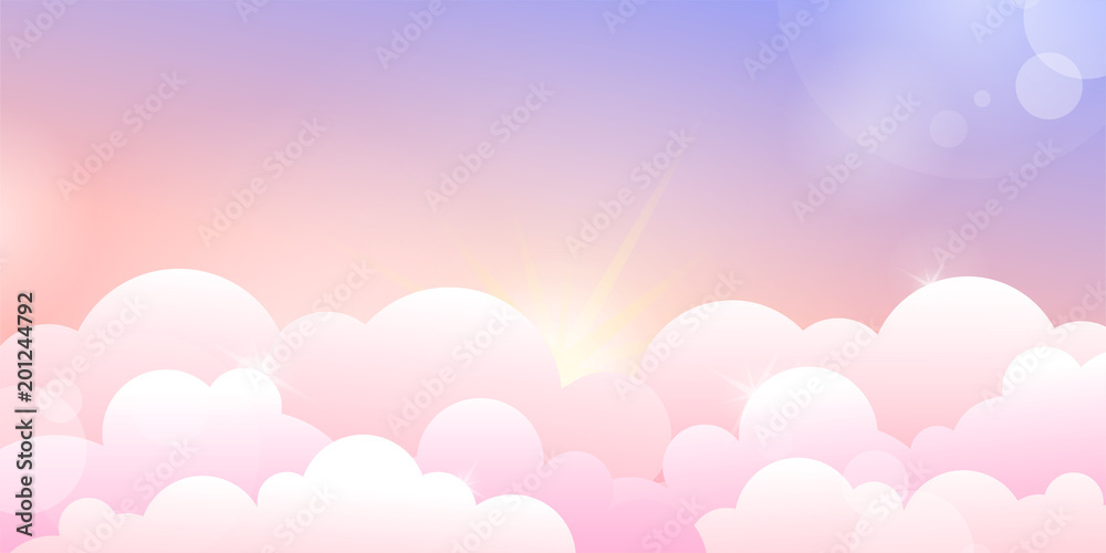 Sunset or sunrise sky and rose clouds. Horizontal vector illustration background