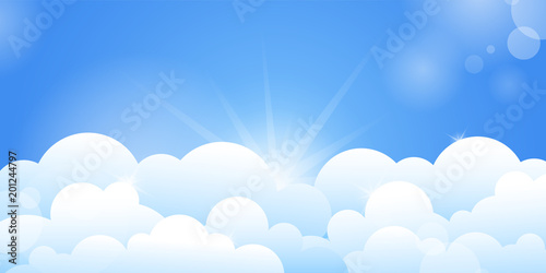 Blue sky and white clouds on a sunny day. Horizontal vector illustration background