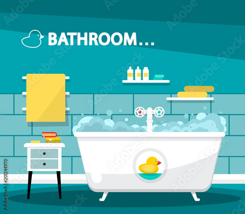 Bathroom with Bathtube Cartoon. Vector Flat Design Illustration with Rubber Duck and Furniture.