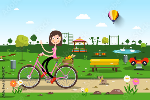 Woman on Bicycle in City Prak with Playground on Background - Vector