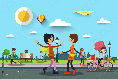 People in City Park. Vector Summer Landscape Illustration with Women and Man.