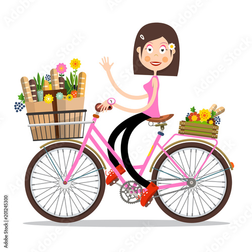 Smiling Waving Woman on Pink Bicycle with Spring Flowers and Baguettes on Basket. Vector Character Isolated on White Background.