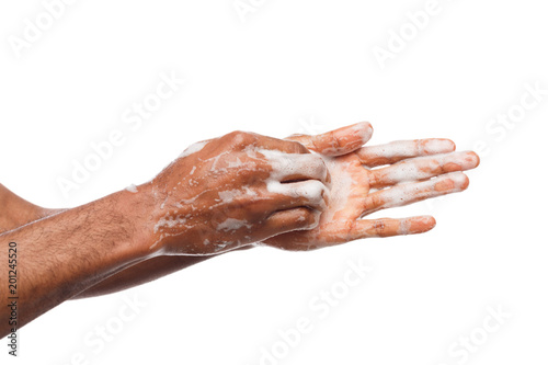 Canvas Print Black man washing hands isolated on white background