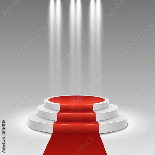Podium with red carpet. Stage for awards ceremony. Pedestal. Spotlight. Vector illustration.