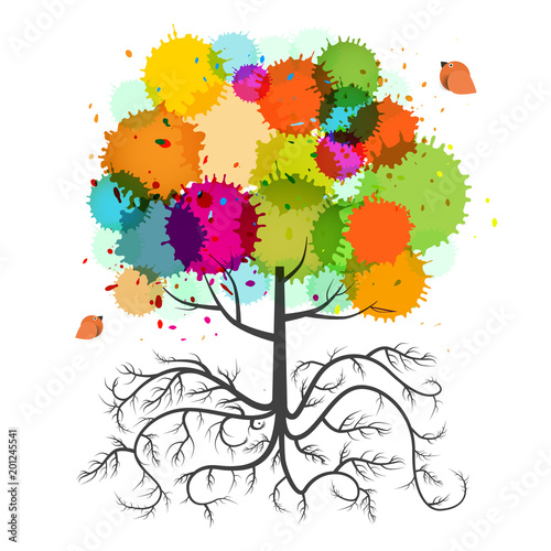 Spring Tree with Roots and Colorful Splashes and Birds. Vector Isolated Abstract Plant.