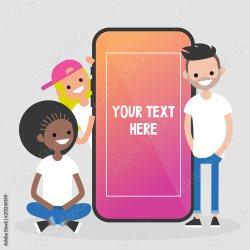 Group of millennial friends sitting and standing near by the mobile phone. Social media concept. Generation z. Flat editable vector illustration, clip art