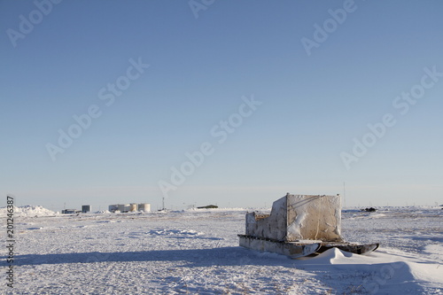 Front view of a traditional Inuit cargo sled or Komatik in the Arviat style in the Kivalliq region, Nunavut Canada