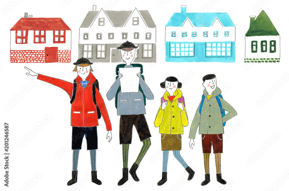 民宿を出発して登山に行く家族