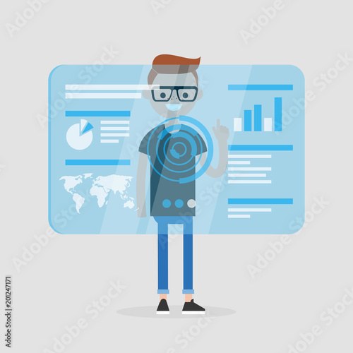 Millennial character touching a blue transparent futuristic screen. Conceptual future technologies / flat editable vector illustration, clip art