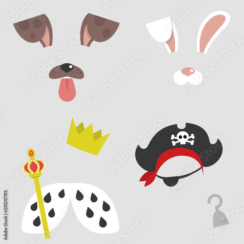 Set of character masks. Dog, bunny, pirate and queen or king. Face filters for a selfie application. Flat editable vector illustration, clip art