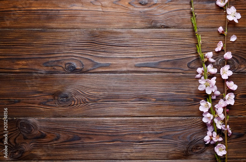 Bunch of spring flowering branches with a lot of pink blossoms on dark brown wooden background. Rustic composition with spring flowers on vintage textured wood table. Close up, copy space, top view.