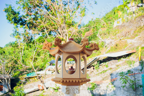 Lanterns decorated in temple light up night, symbolizing light that protected and protected in nature. photo