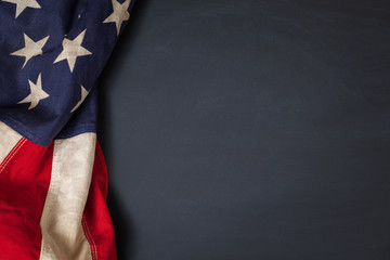 Vintage American Flag Bordering Blank Chalkboard