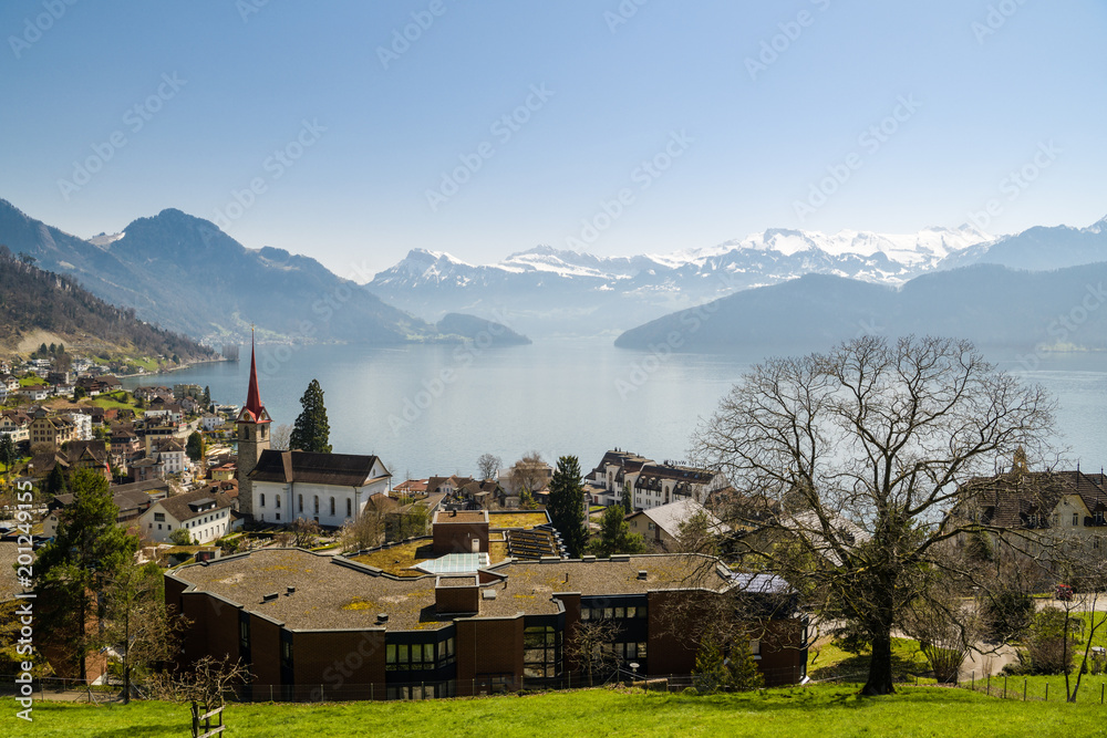 Nice view on swiss village of Weggis near lake Lucerne