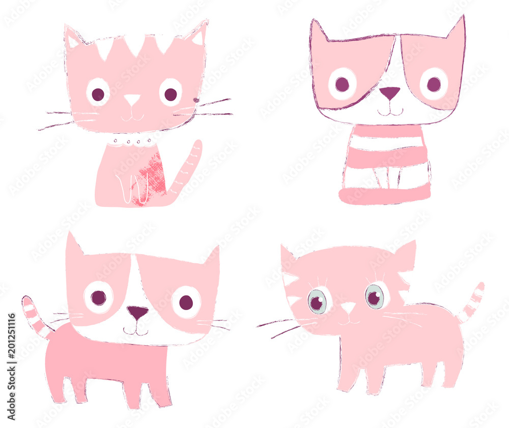 Set of cute hand drawn pink cats in flat style in various positions Set of cute hand drawn pink cats in flat style in various positions