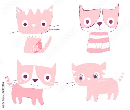 Set of cute hand drawn pink cats in flat style in various positions