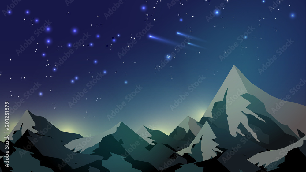 Obraz premium Mountain Tops on Starry Night Sky Background - Vector Illustration.
