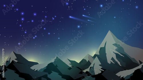 Mountain Tops on Starry Night Sky Background - Vector Illustration.