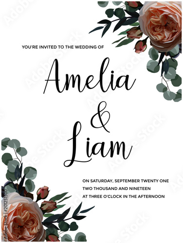 Floral wedding invitation card with rose,succulent,eucalypyus leaves in watercolor style. Botanical template with golden frame and flowers for invite, greeting and covers, poligraphy