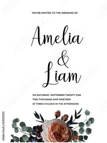 Floral wedding invitation card with rose,succulent,eucalypyus leaves in watercolor style. Botanical template with golden frame and flowers for invite, greeting and covers, poligraphy