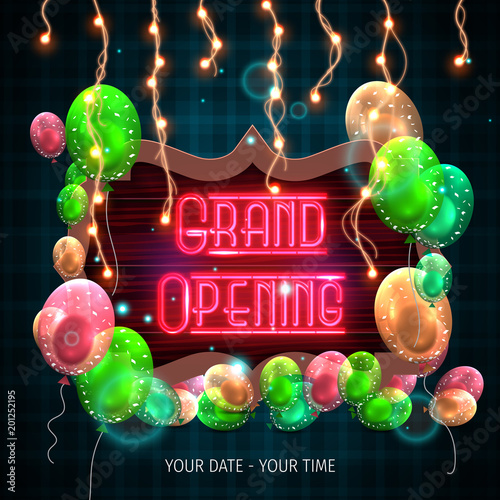 Grand opening invitation concept. Celebration design. Gold glitter letters on abstract background with light effect and bokeh. Grand opening invitation with neon style.