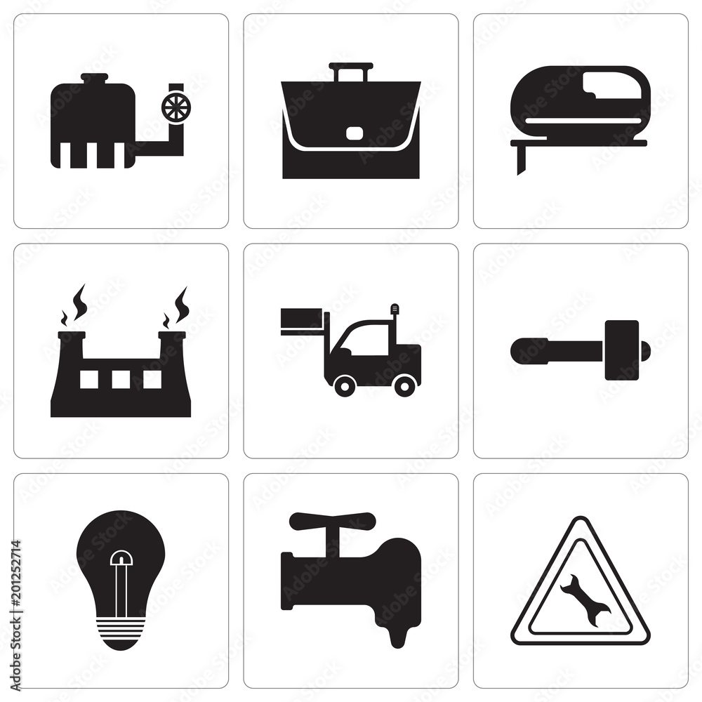 Set Of 9 simple editable icons such as wrench, crane, bulb, hammer, lorry, fabric & steam, grinder, bag, tipper Set Of 9 simple editable icons such as wrench, crane, bulb, hammer, lorry, fabric & steam, grinder, bag, tipper