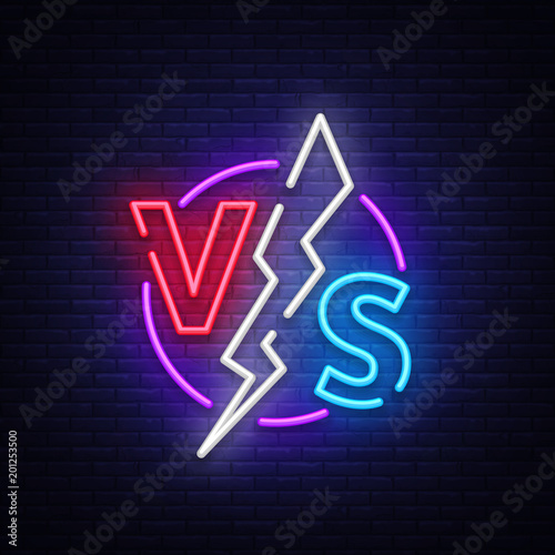 Versus neon sign vector. Versus logo, symbol in neon style. Design template light banner, night advertising. Battle vs match, game concept competitive vs