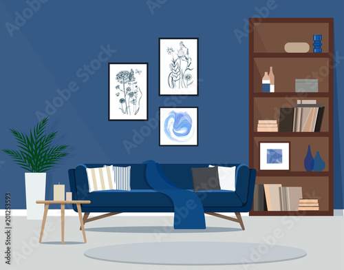 The design of the living room with fashionable furniture. Vector illustration of a flat style.