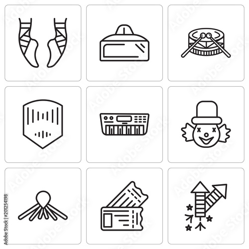 Set Of 9 simple editable icons such as Fireworks, Tickets, Balloon dog, Clown, Synthesizer, Mask, Drums, Vr glasses, Ballet