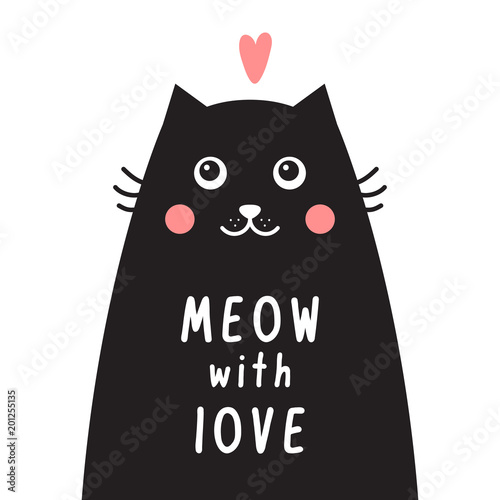 Card with black cat, pink heart and text meow with love.