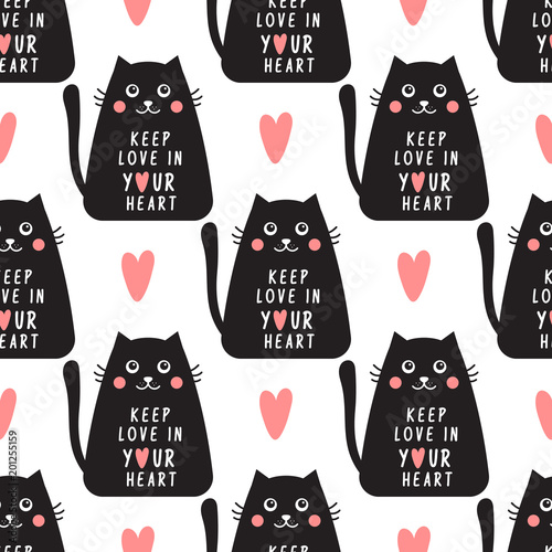 Cat seamless pattern this text keep love in your heart in geometric style