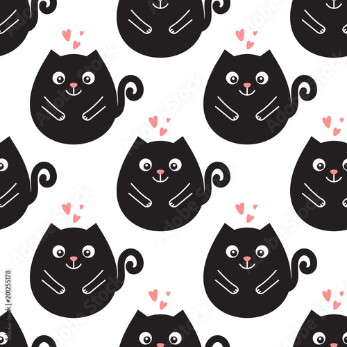 Cat seamless pattern this pink hearts in geometric style.