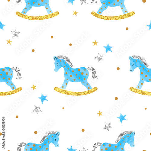 Seamless pattern with blue watercolor rocking horse. Baby shower print.